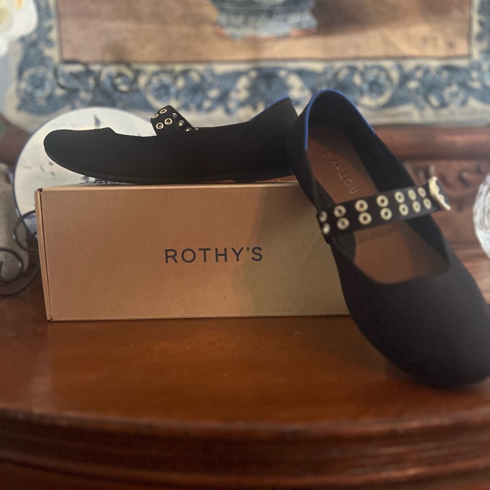 Rothy's Black Flats with Blue Trim